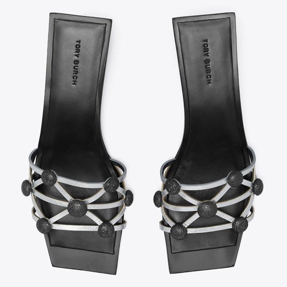 Tory Burch $670 CRYSTAL BOBBLE HEELED MULE SANDAL Silver Perfect Black 10 - Picture 2 of 6